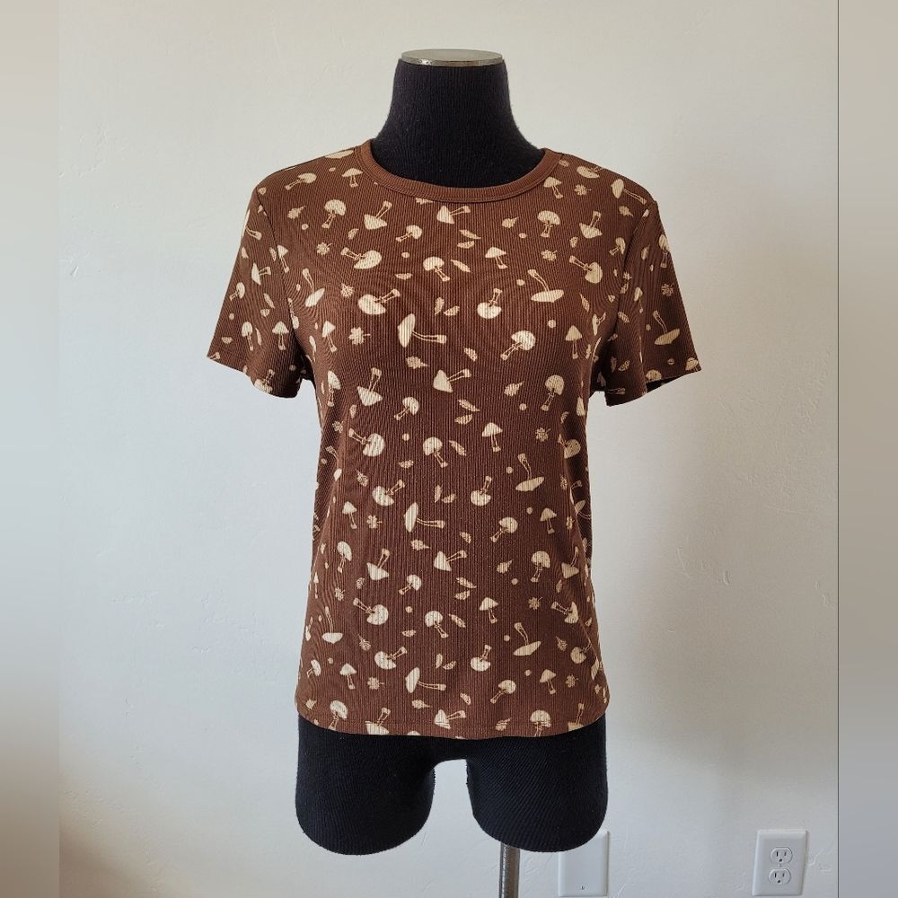 Brown Mushroom Ribbed T Shirt Stretchy Cottage Whimsical Fairy Grunge Woodland